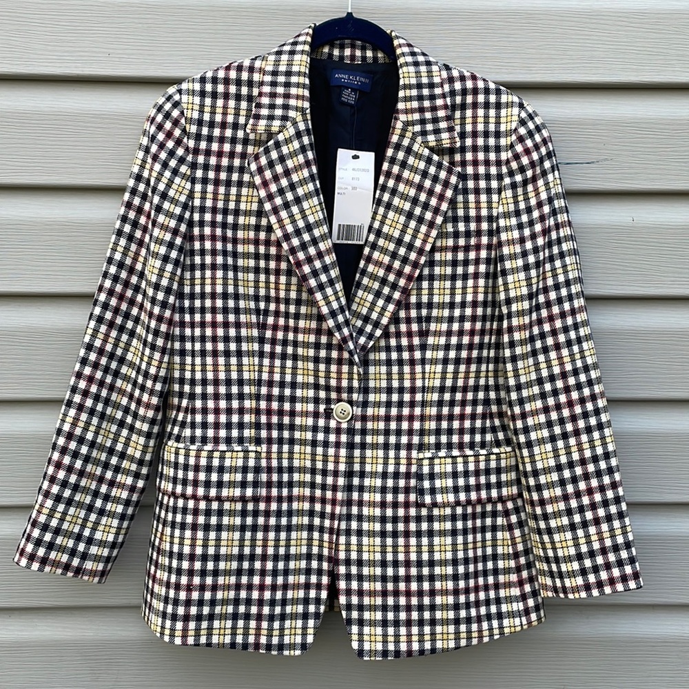 Anne Klein Plaid Wool Single-Button Blazer